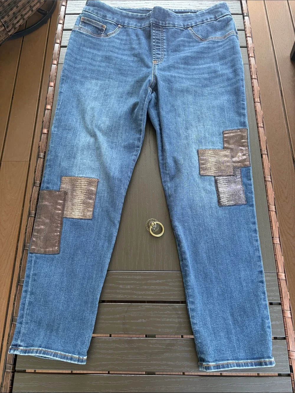 Chico's Dark Blue Skinny Jeggings with Metallic Patch Accents